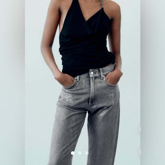 EUC Zara Metallic Gray Coated Wide Leg Jeans On Trend! - Picture 3 of 11